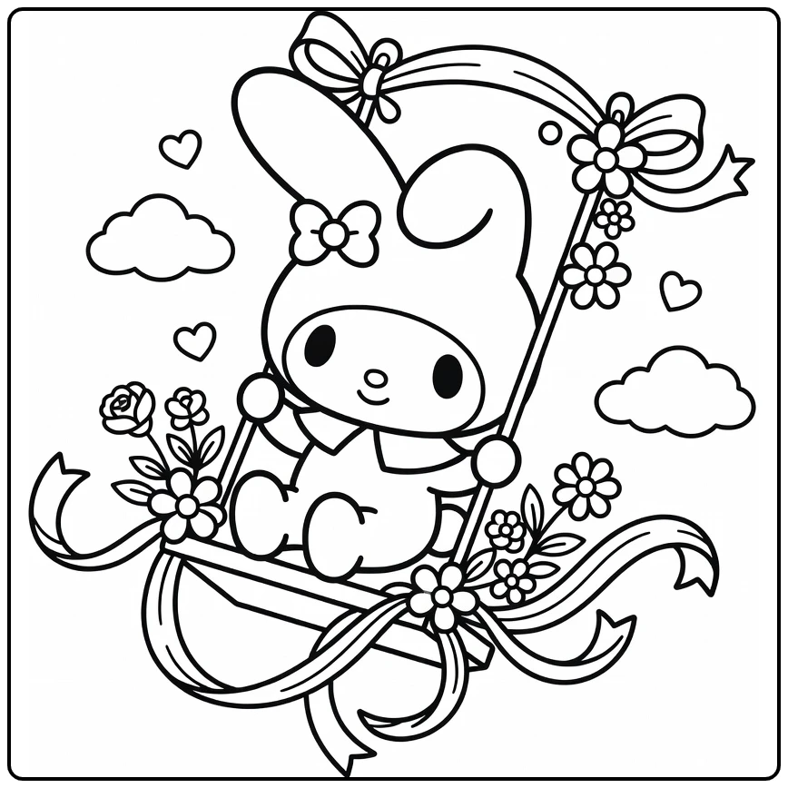 My Melody Cute Swing with Flowers and Hearts coloring page