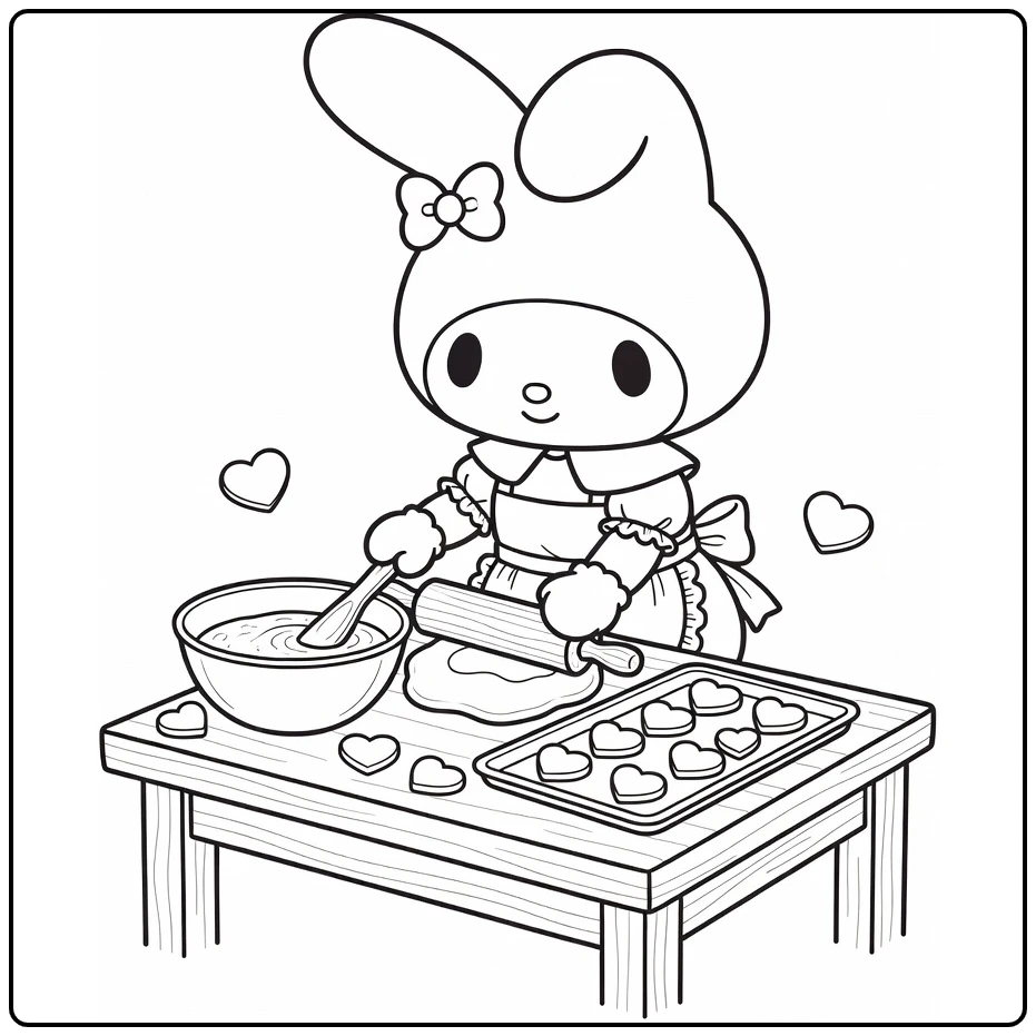 My Melody coloring page baking heart cookies with an apron and baking tools