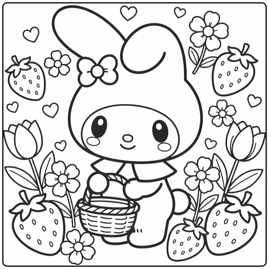 Cute My Melody Smiling with Basket Strawberries coloring page