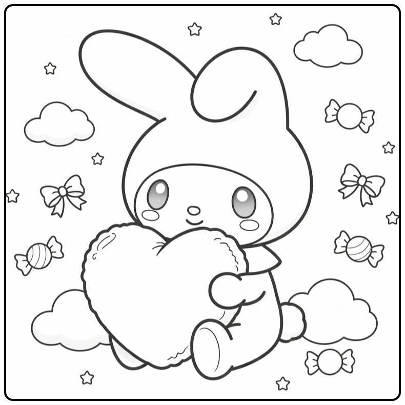 Cute My Melody with Heart Pillow and Candies coloring page