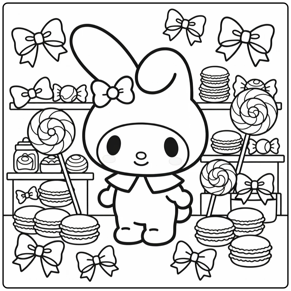 Cute My Melody Candy Shop with Lollipops and Bows coloring page
