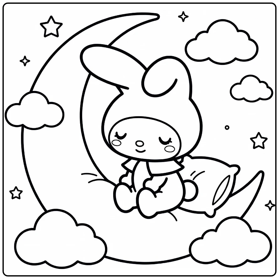 Cute My Melody Sitting on Moon with Small Pillow coloring page