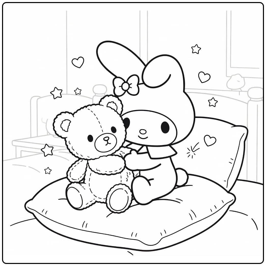My Melody Big Teddy Bear and Stars coloring page