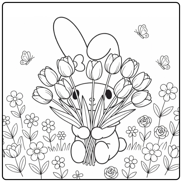 My Melody Sitting with Tulips in Garden coloring page