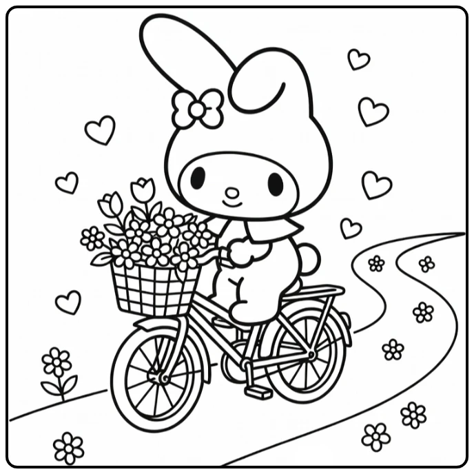 My Melody on Bicycle with Flowers and Hearts coloring page