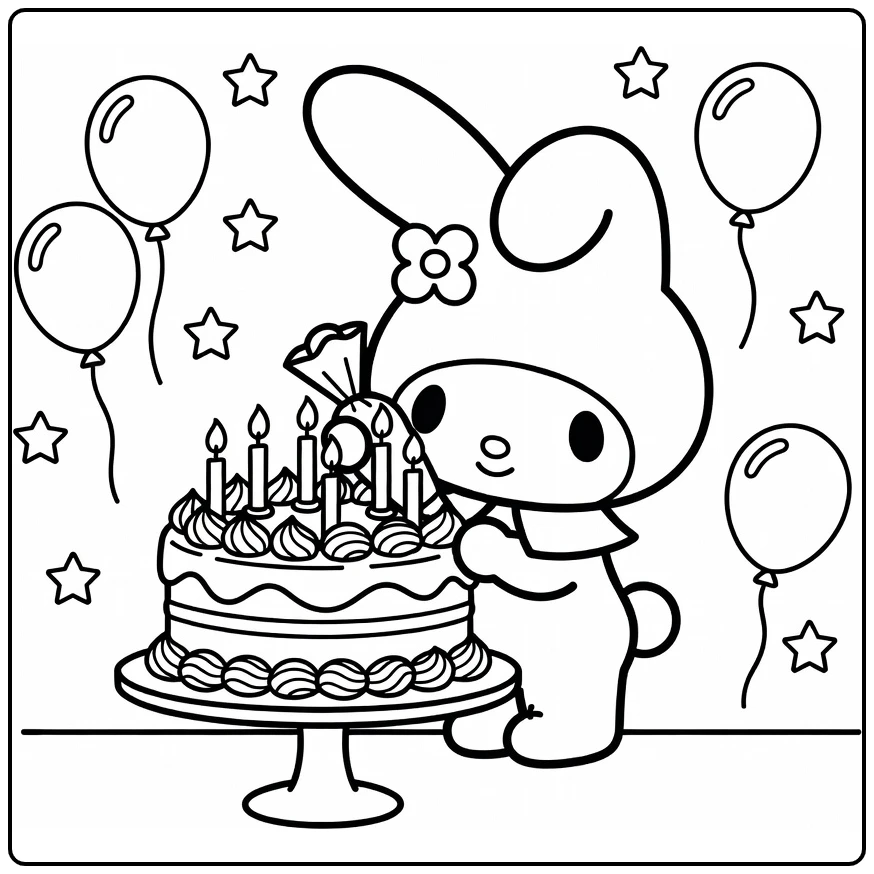 My Melody Decorating a Birthday Cake coloring page