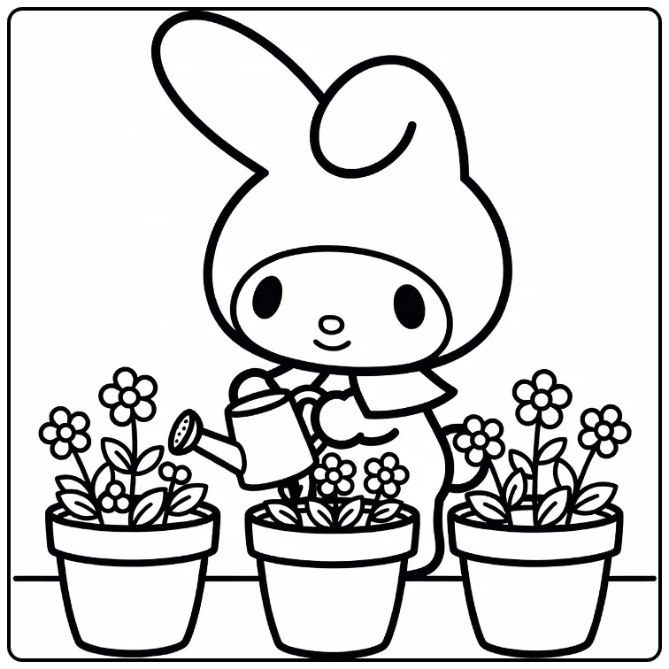 My Melody Watering a Row of Flowers coloring page