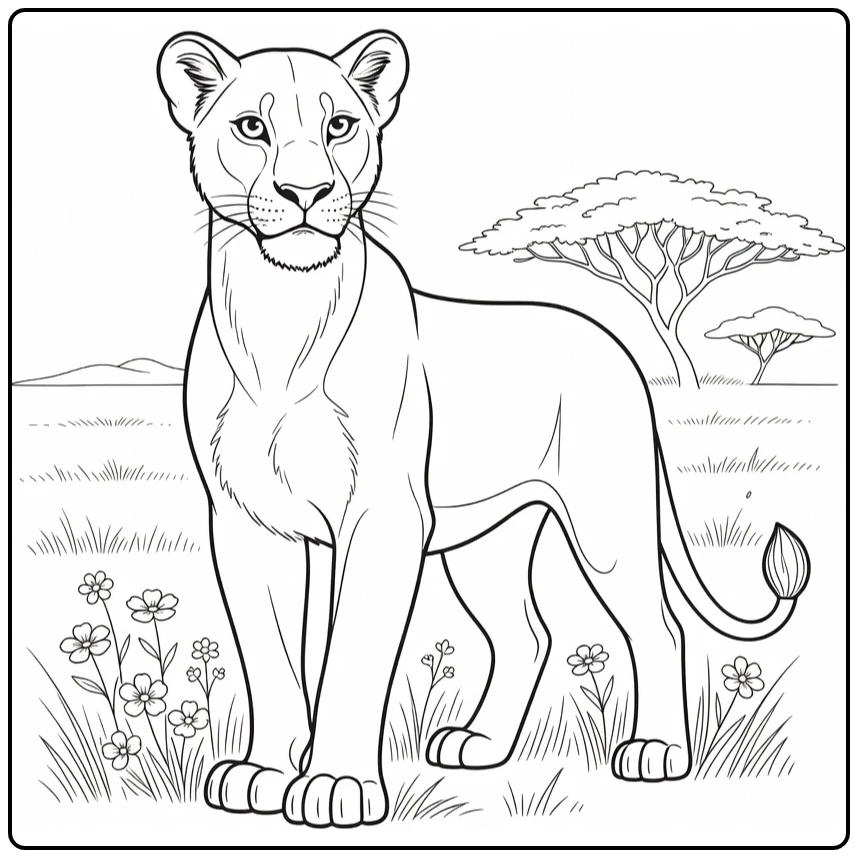 Nala in Savanna with Grass and Distant Tree coloring page
