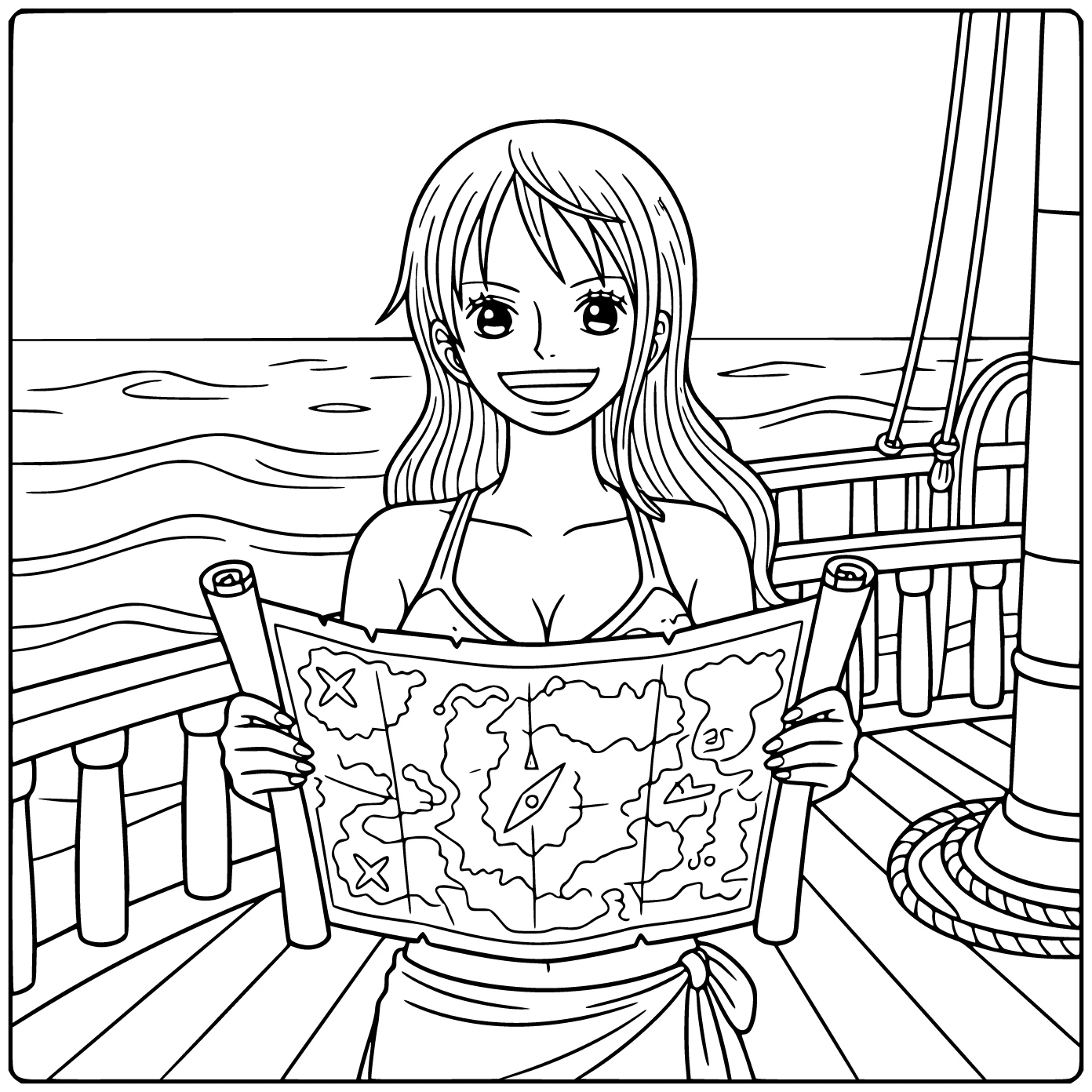 Nami Laughing with a Map on a Ship Deck coloring page