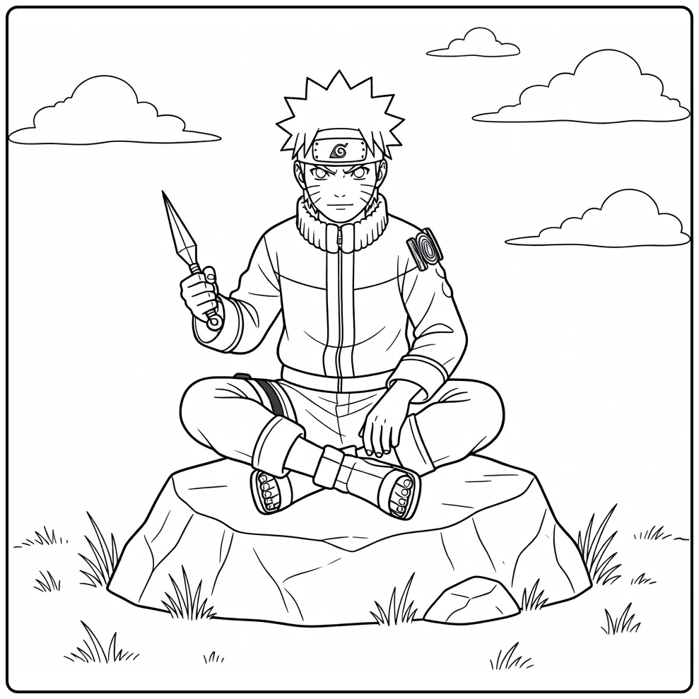 Naruto on Big Rock in Training with Kunai coloring page