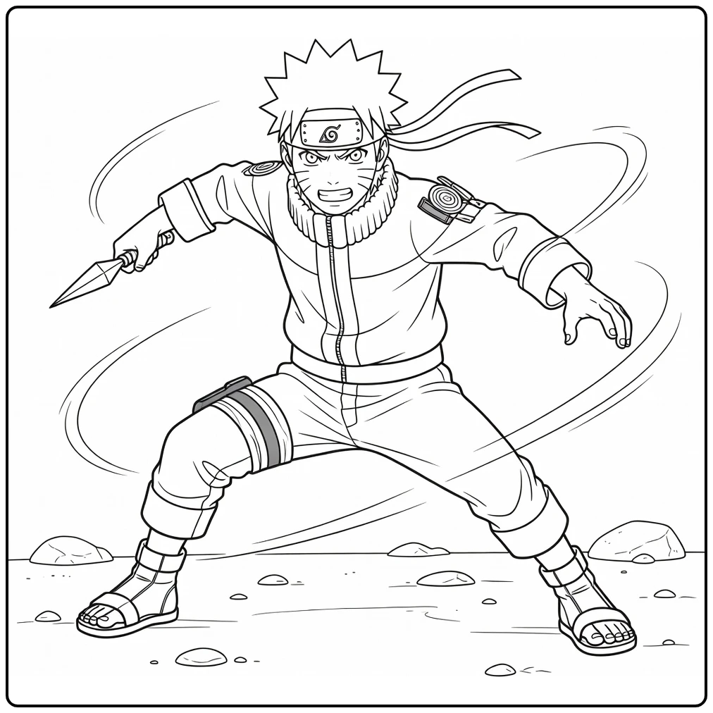 Naruto coloring page crouching in a battle-ready ninja pose with a kunai