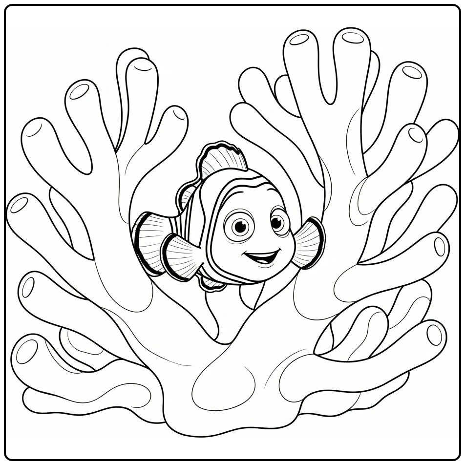 nemo coloring page with expressive face in coral