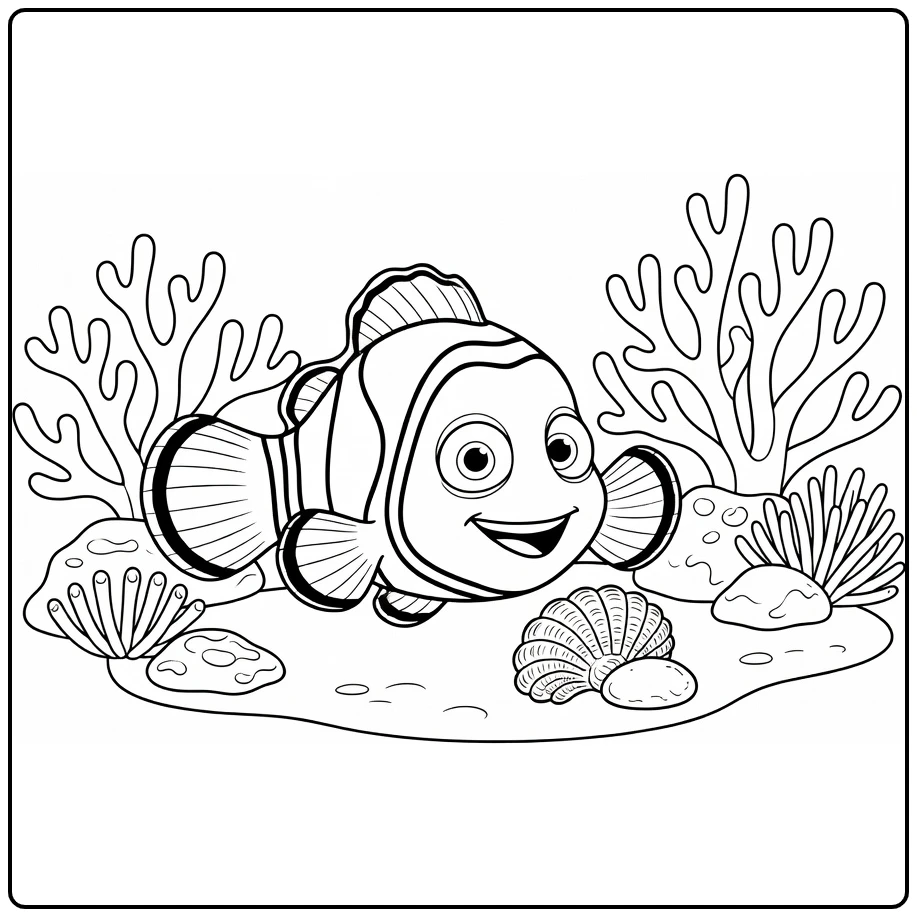 nemo coloring page with smiling Nemo and pebbles reef