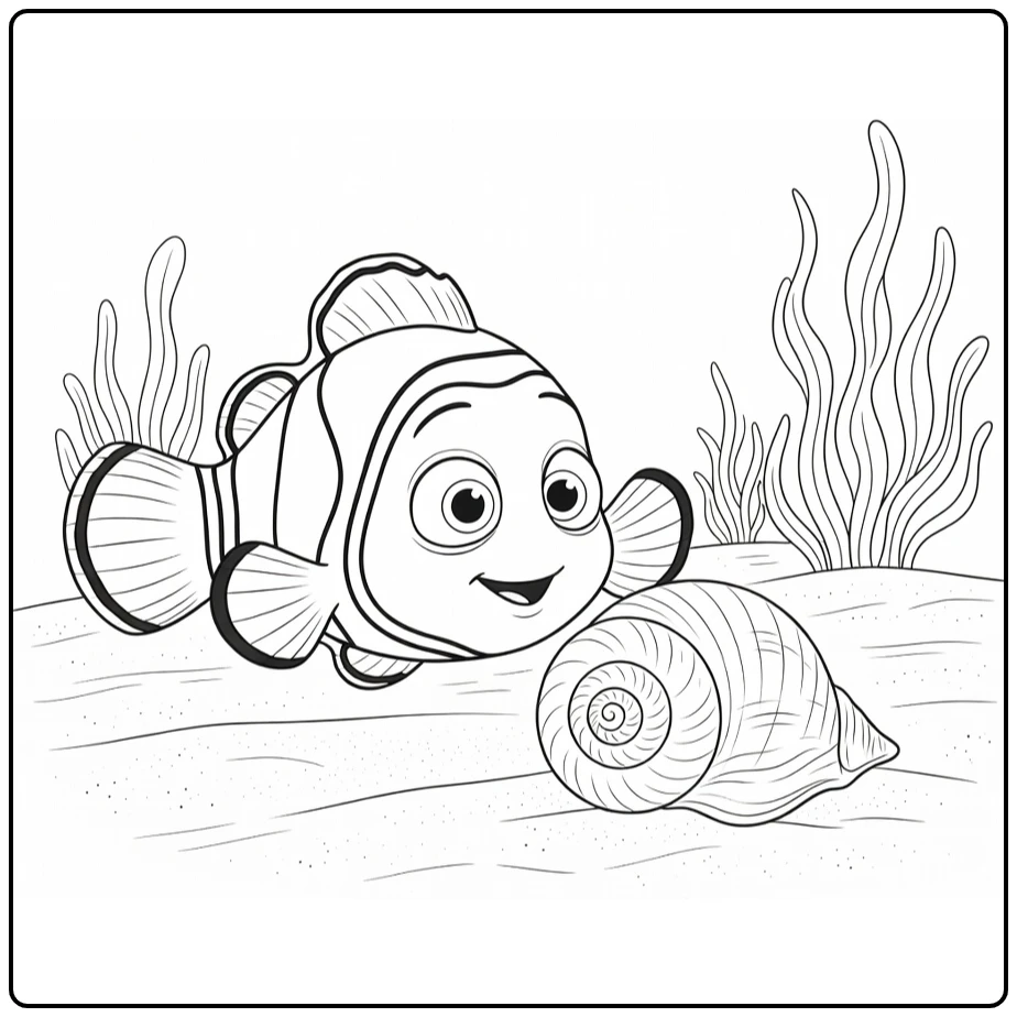 nemo coloring page with Nemo and shell on sandy ocean floor