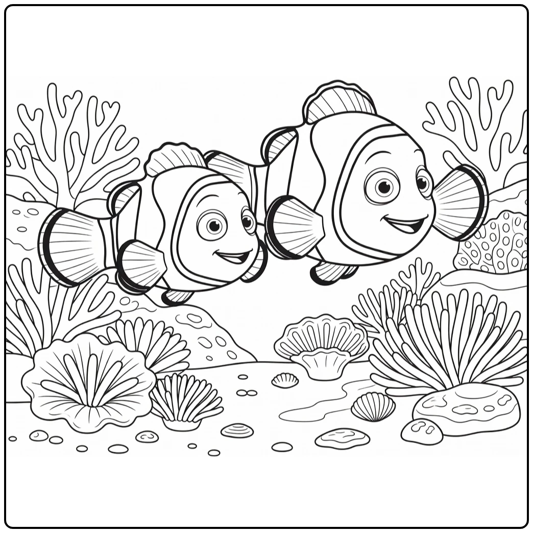 nemo coloring page with Nemo in front and marlin