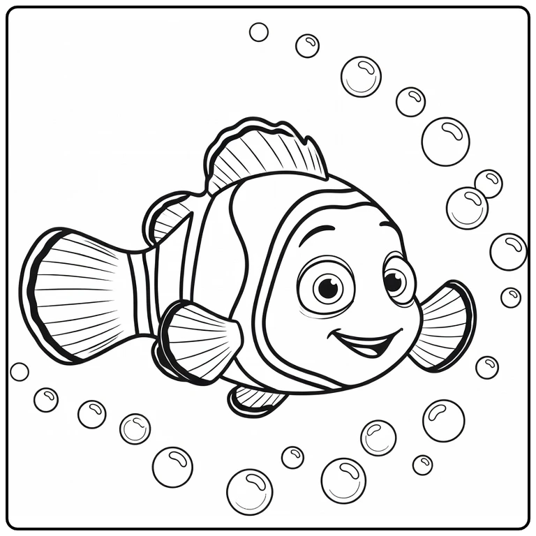 nemo coloring page with playfully turning Nemo and bubbles