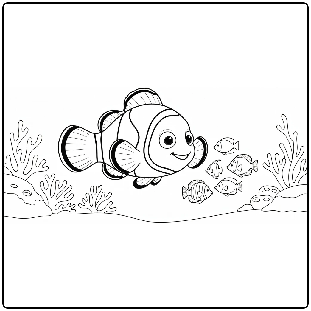 Nemo coloring page with friendly reef fish silhouettes