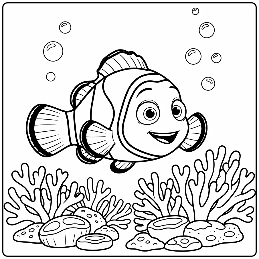 Cheerful Nemo and Bubbles coloring page