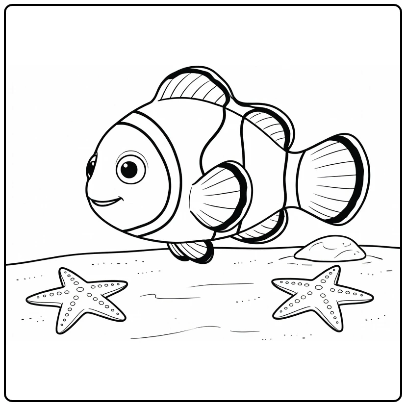 nemo coloring page with swimming Nemo rock and starfish