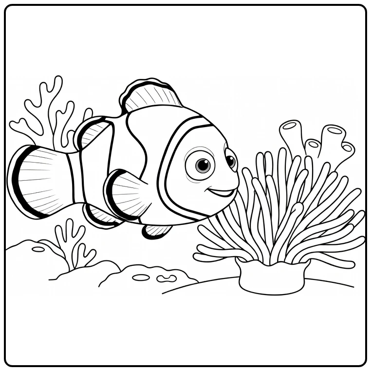 nemo coloring page with swimming fish and anemone