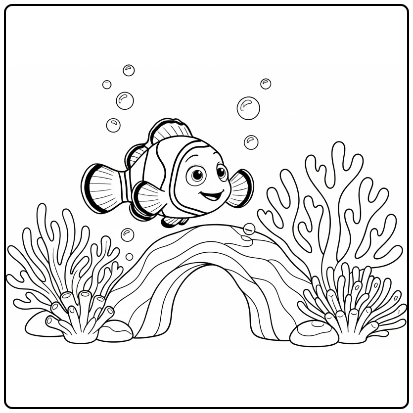 nemo coloring page of cheerful Nemo under coral arch