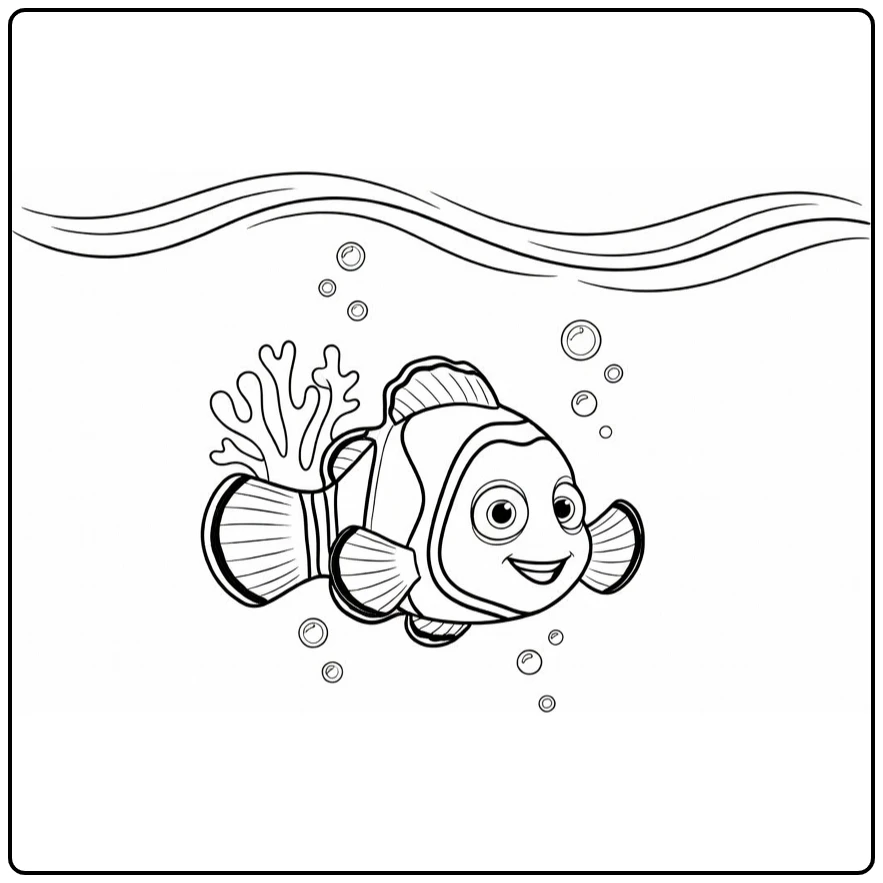 nemo coloring page swimming with bubbles and coral