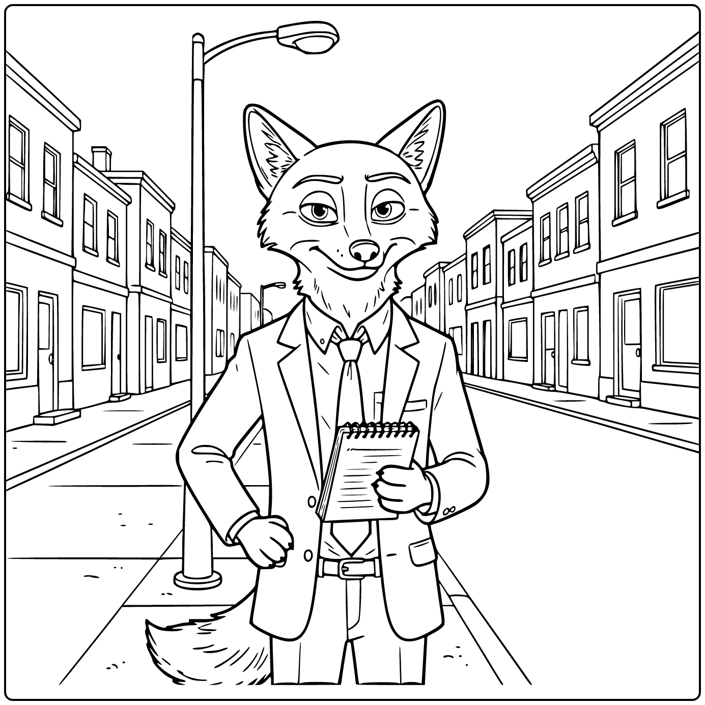 Nick Wilde as Investigator with Small Notebook Under Tree coloring page