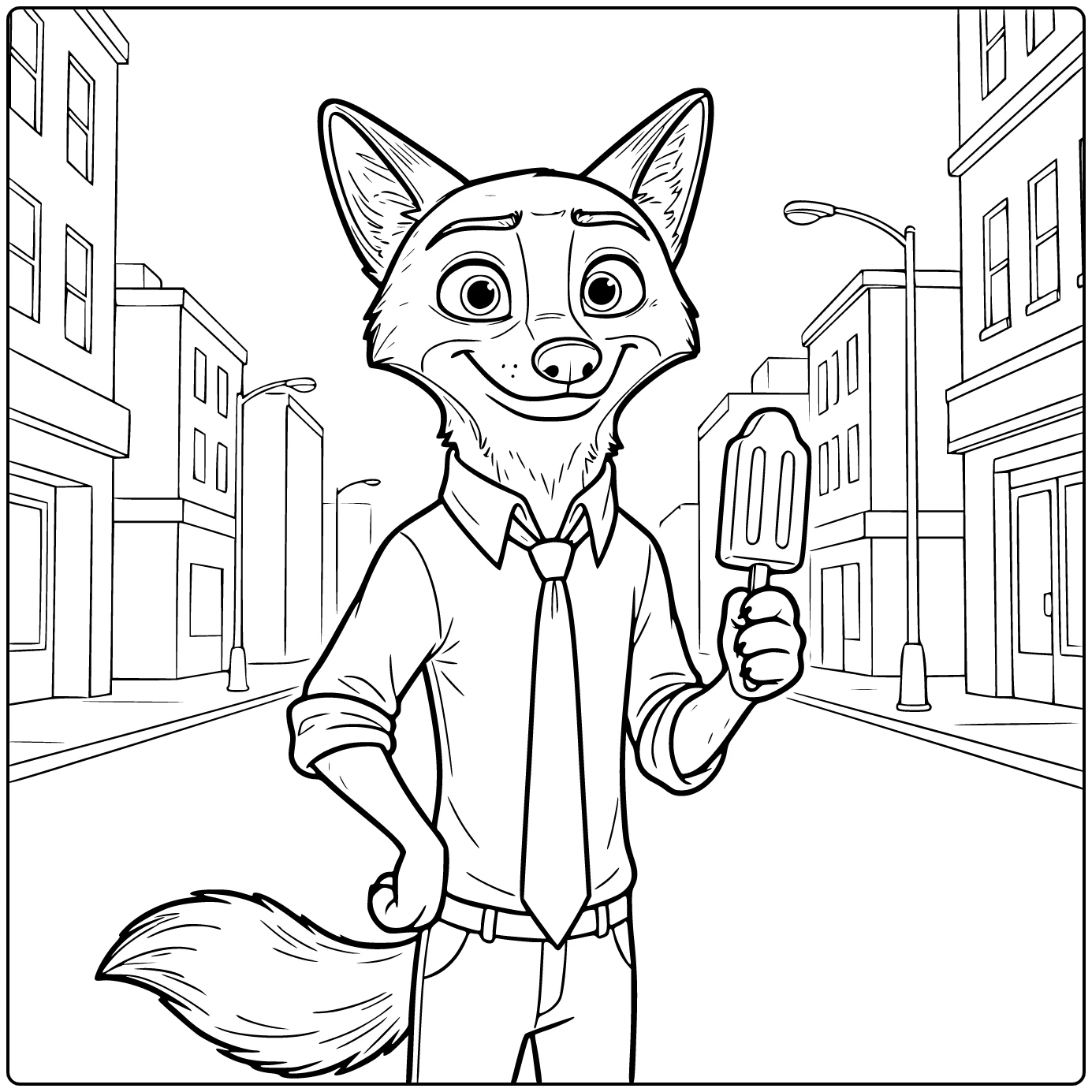 Nick Wilde coloring page standing confidently in a city street