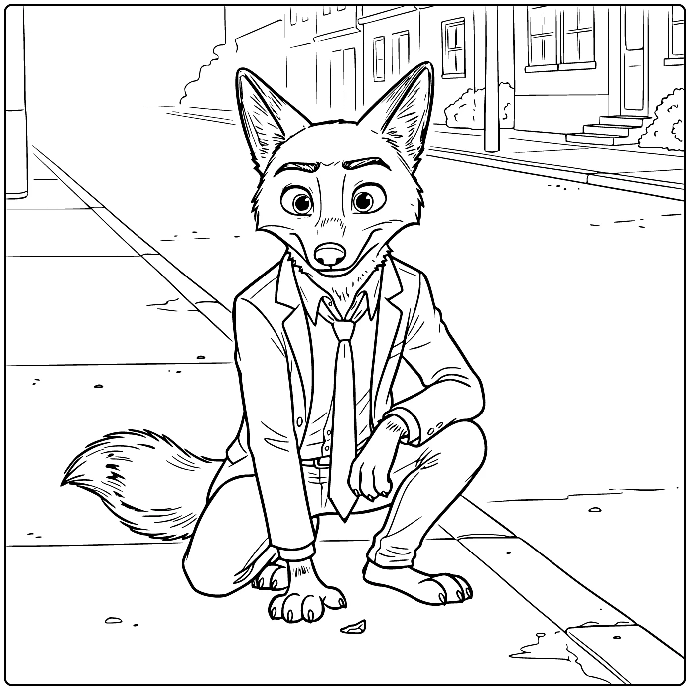 Nick Wilde Inspecting Mysterious Trail on Sidewalk coloring page