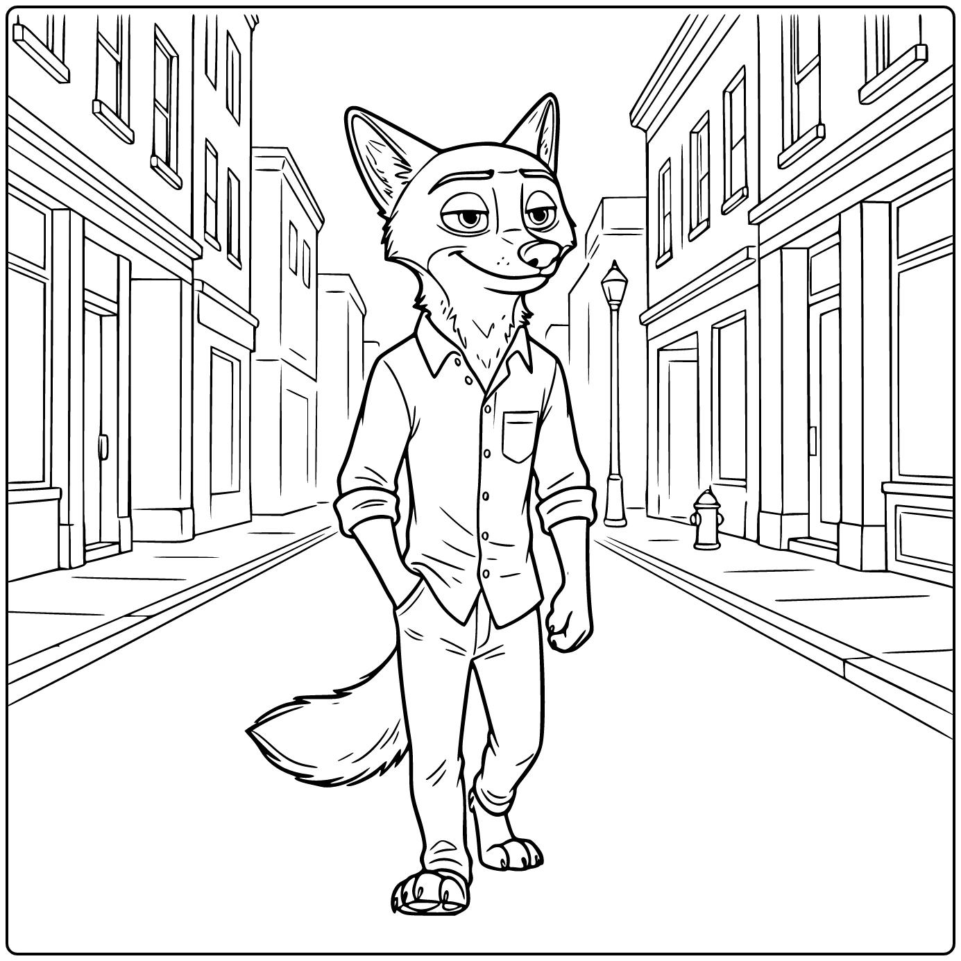 Nick Wilde Walking Through Simple City Street coloring page
