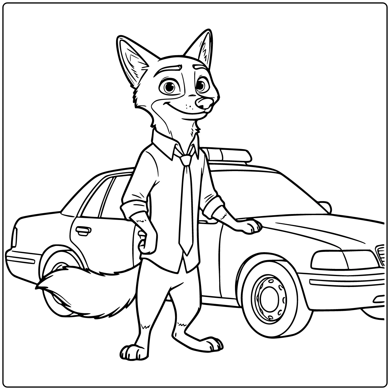 Nick Wilde Next to Patrol Car with Paw on Door coloring page