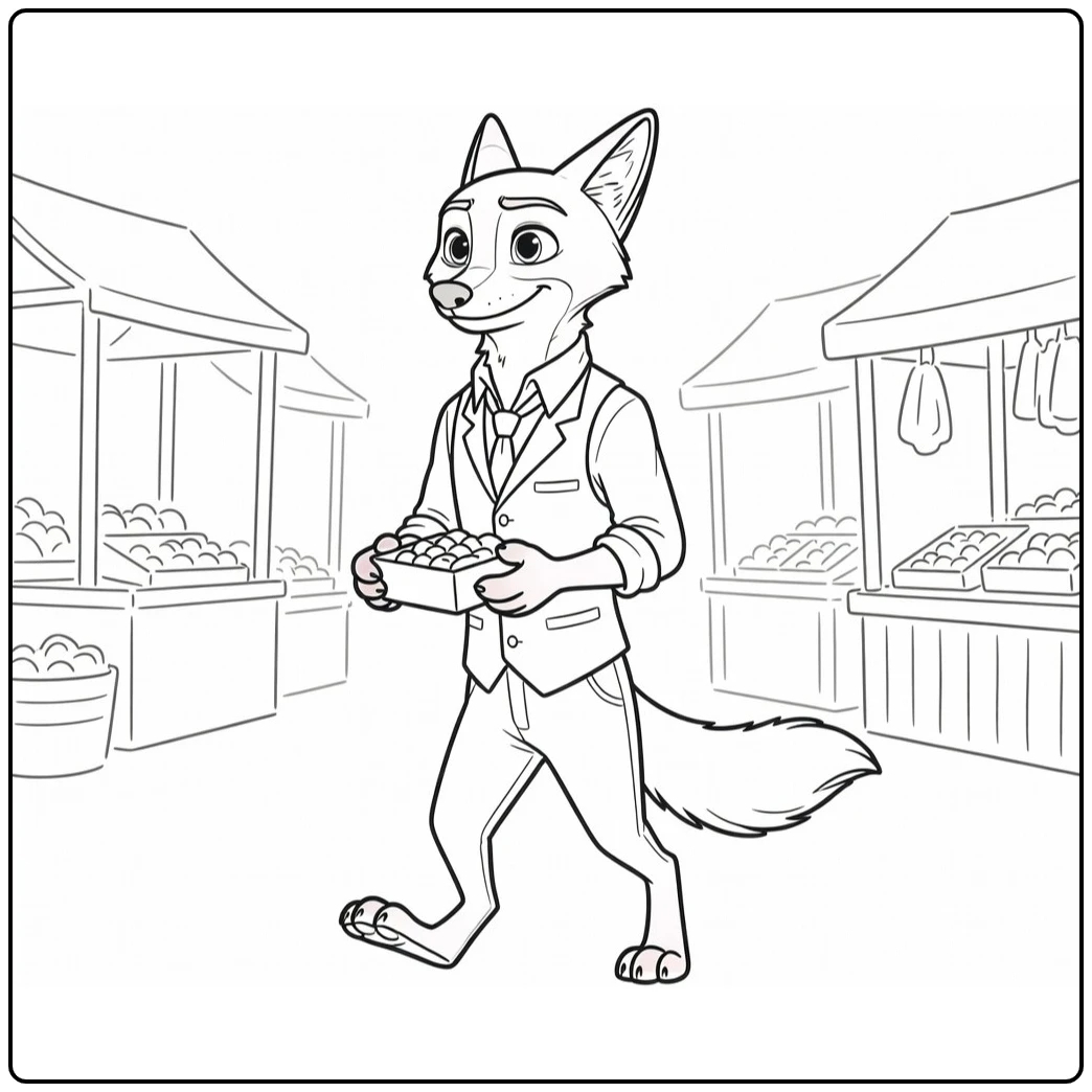 Nick Wilde on Simple Market with Treats coloring page