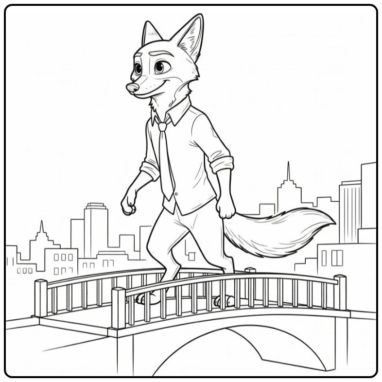 Nick Wilde Relaxed on Small City Bridge coloring page