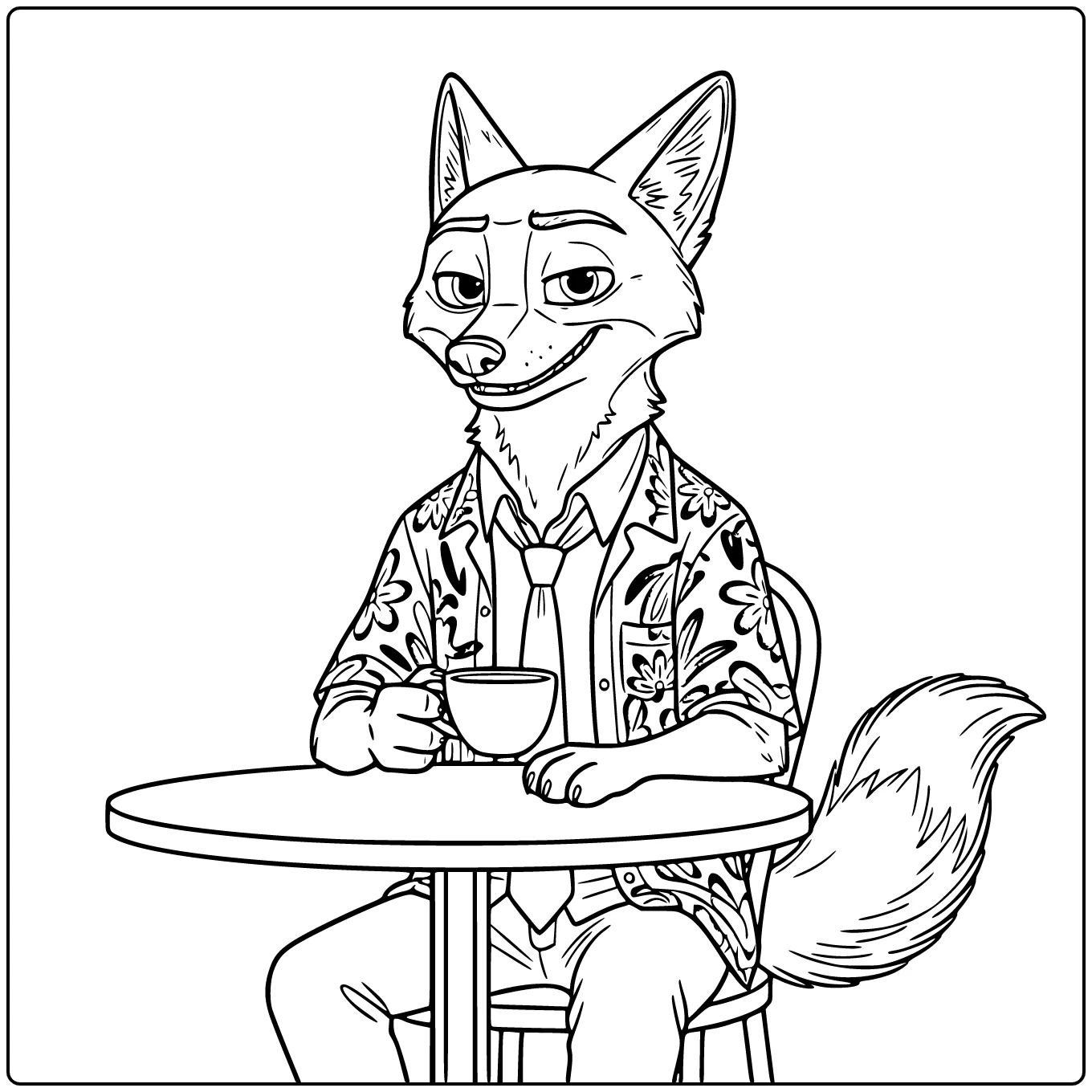 Nick Wilde Sitting with Cup at Small Cafe Table coloring page