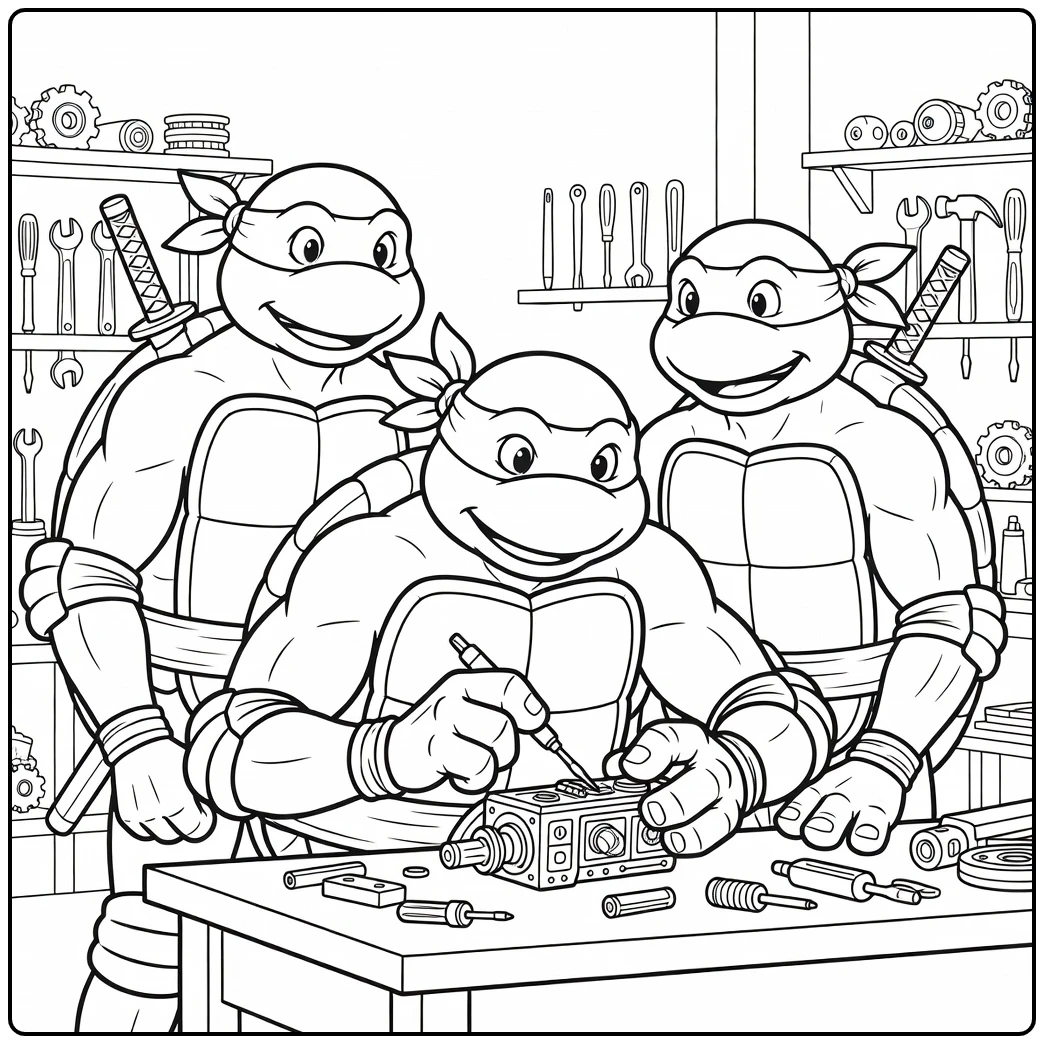 Ninja Turtles Donatello Inventing in Workshop coloring page