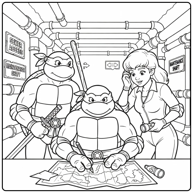 Ninja Turtles Donatello Leonardo and April in Tunnel coloring page