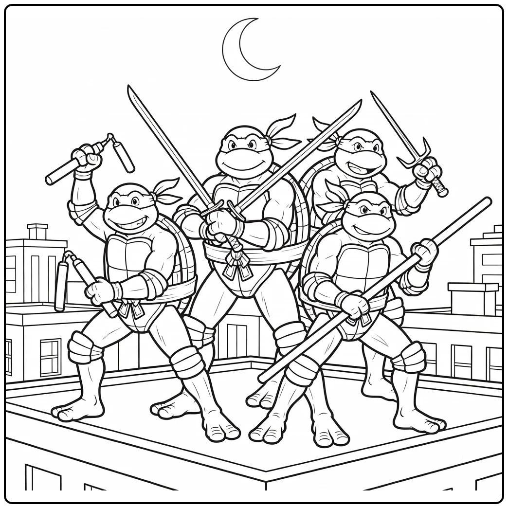 Ninja Turtles coloring page with a printable action scene