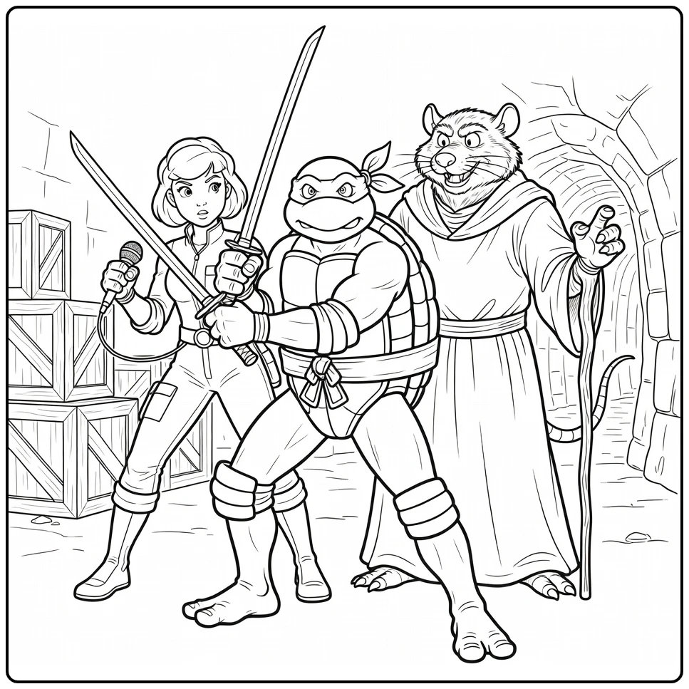 Ninja Turtles Leonardo Protecting April O'Neil coloring page
