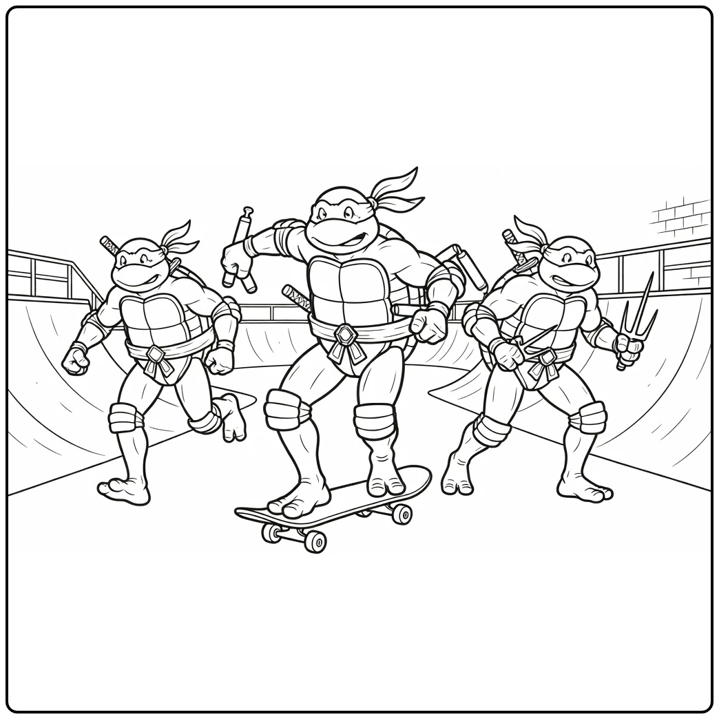 Ninja Turtles Action in Urban Skatepark coloring page