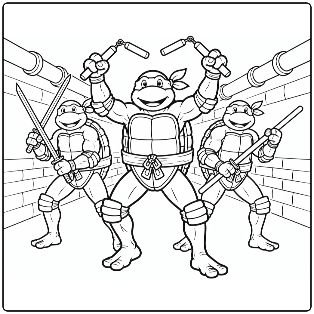 Ninja Turtles Michelangelo Leo and Donnie coloring page