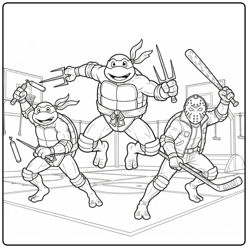 Ninja Turtles Raphael Michelangelo Casey coloring page