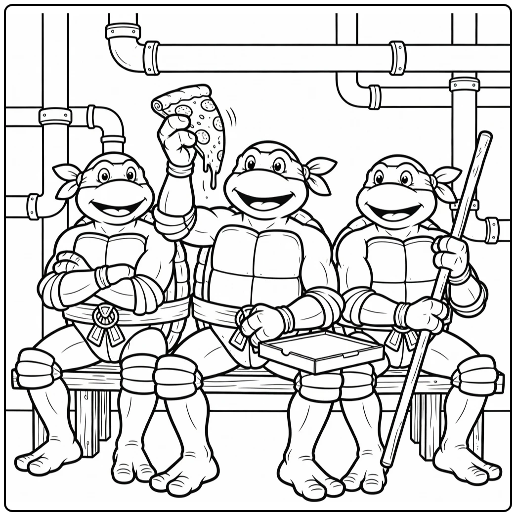 Ninja Turtles Michelangelo Pizza After Battle in Sewer coloring page