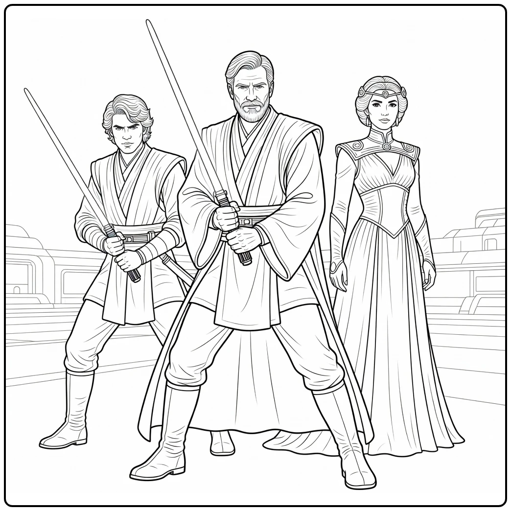 Obi Wan Kenobi Anakin and Padme Star Wars coloring page
