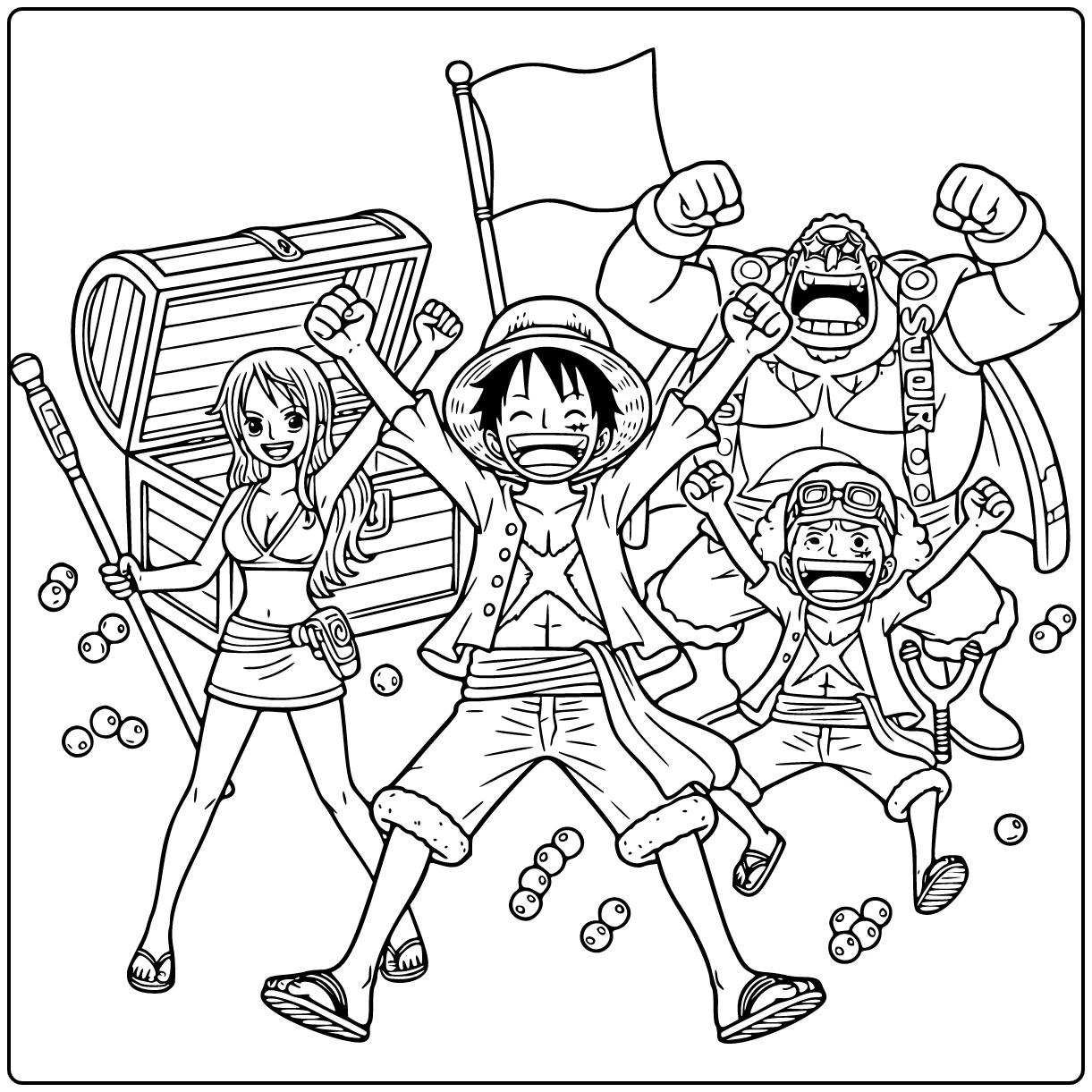 One Piece Luffy Cheering with Nami and Usopp coloring page