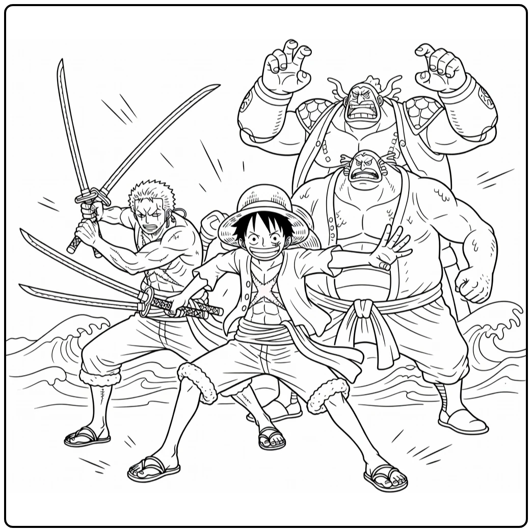 One Piece Battle with Luffy, Zoro, and Jinbe coloring page