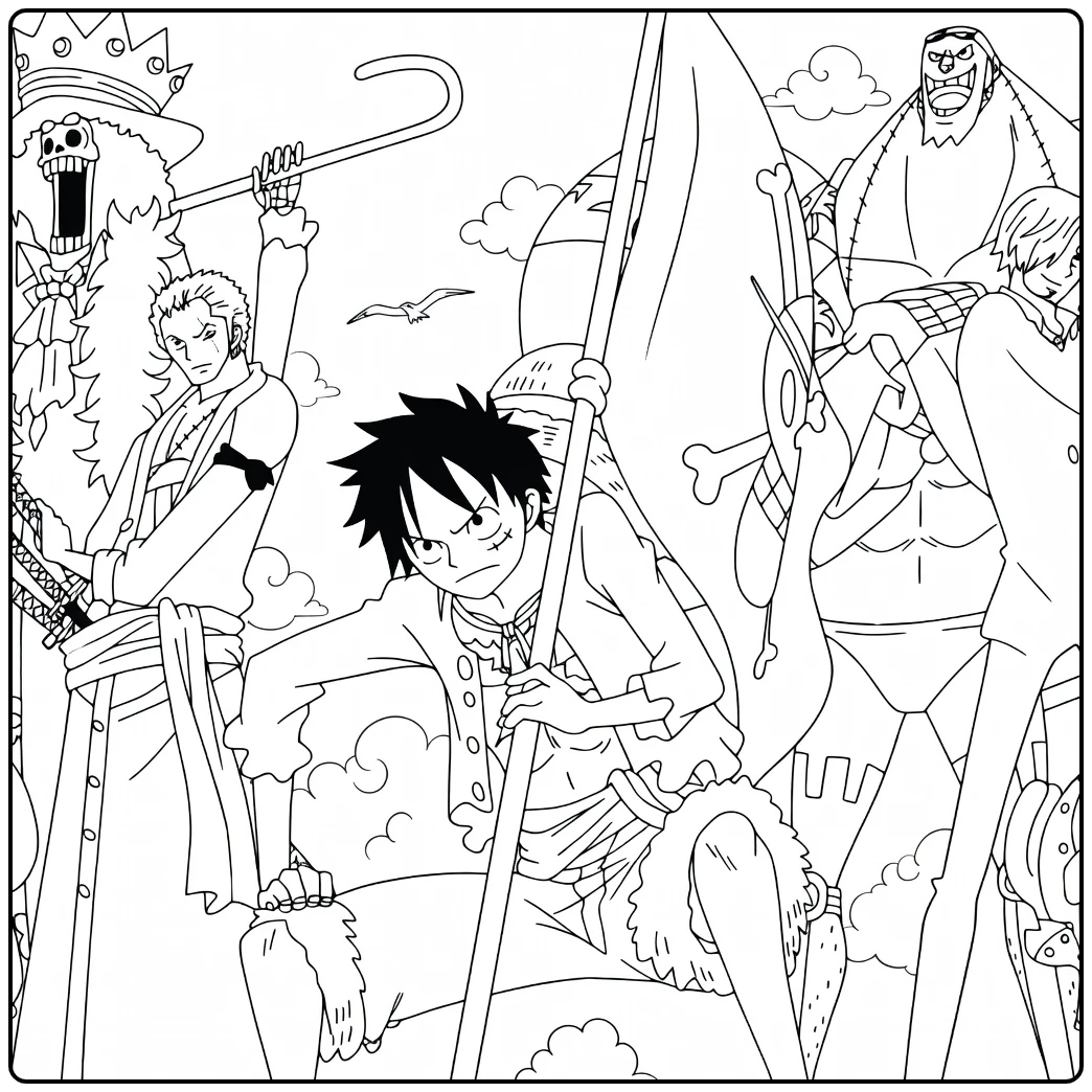 One Piece Luffy Leading Straw Hats in Pose coloring page