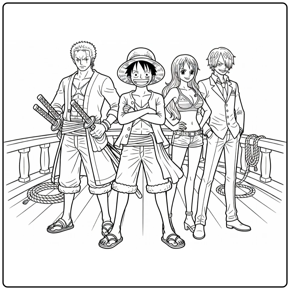 One Piece coloring page with familiar pirate characters