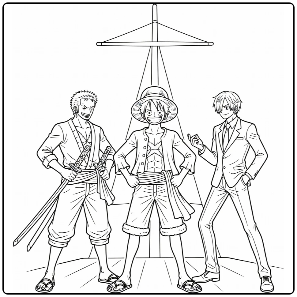 One Piece Luffy, Zoro, and Sanji Rivalry on Ship coloring page