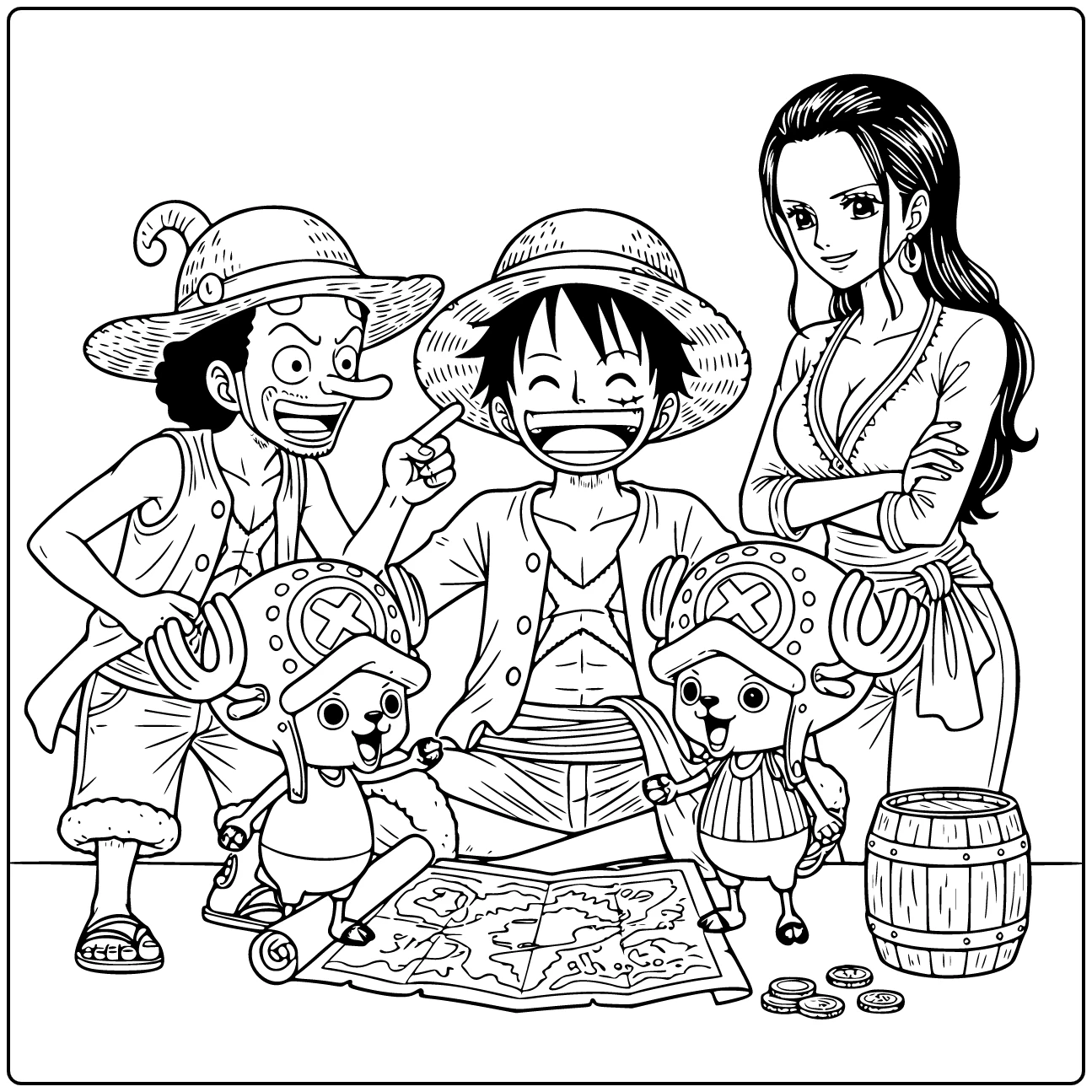 One Piece with Smiling Luffy, Usopp, and Chopper coloring page
