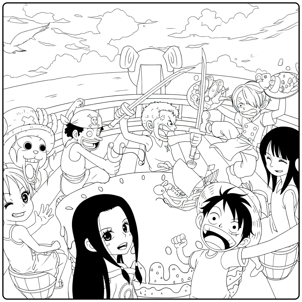 One Piece Luffy and His Crew Celebrating coloring page